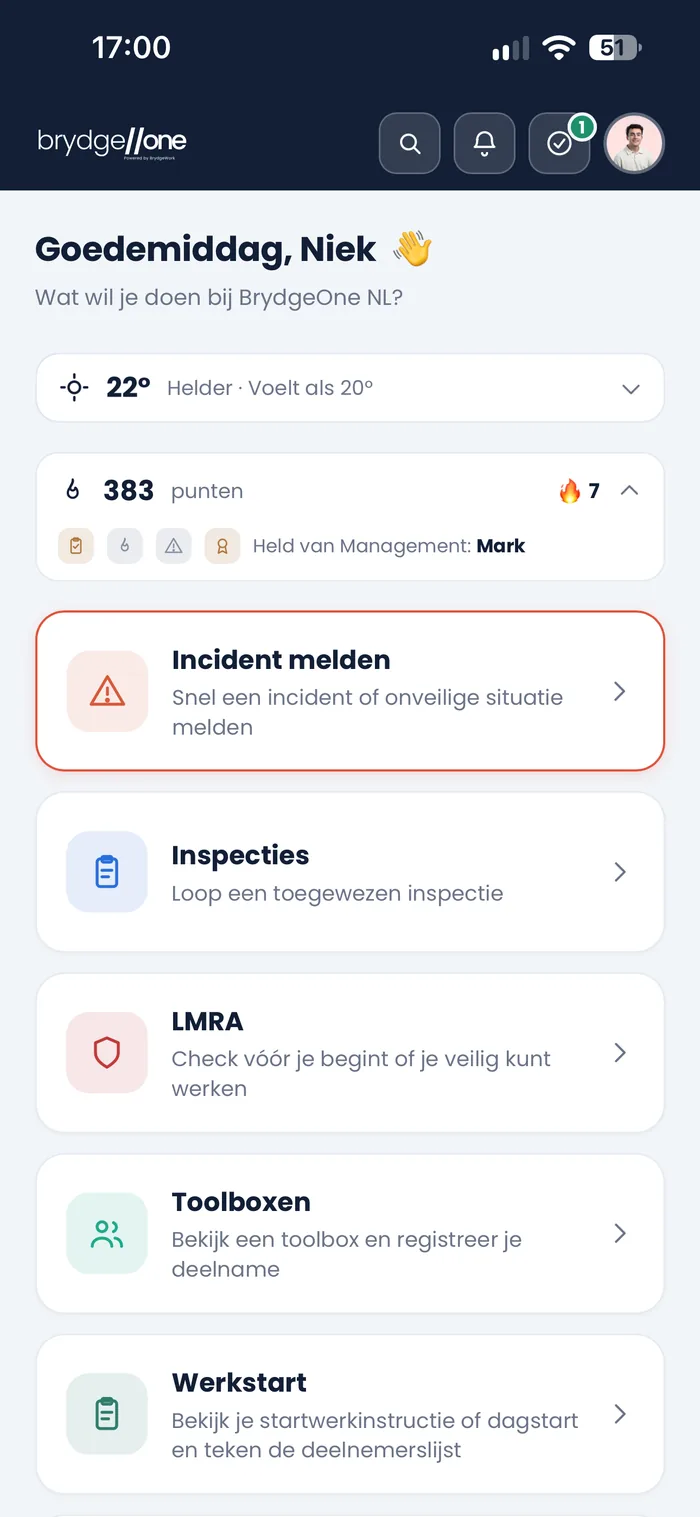 BrydgeOne medewerkersapp: startscherm met melden, inspecteren en LMRA